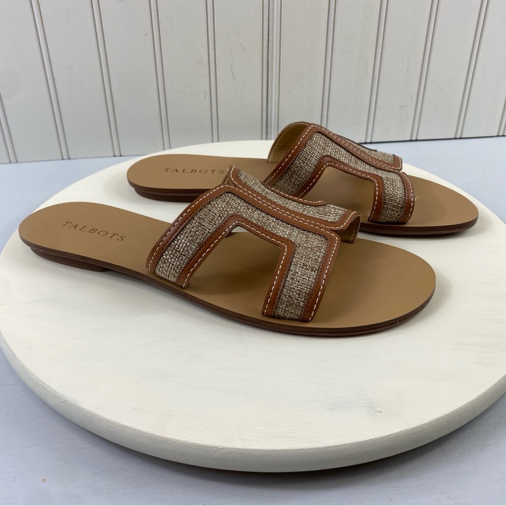 Talbots LIKE NEW Hannah Tan and‎ Beige Linen and Leather Sandals Slides Sz 9M
